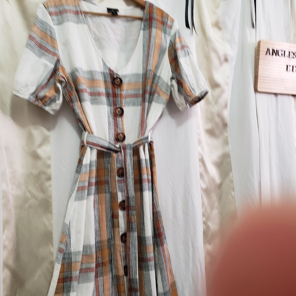 Worthington Plaid Midi Dress - Cream, Tan, Black - Picture 3 of 6